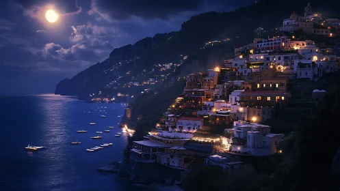 Coastal hillside town glows with warm lights under full moon
