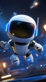 Compact white robot in midair against blurred lights backdrop.