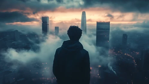 Silhouetted figure observing fog covered city skyline at dawn.