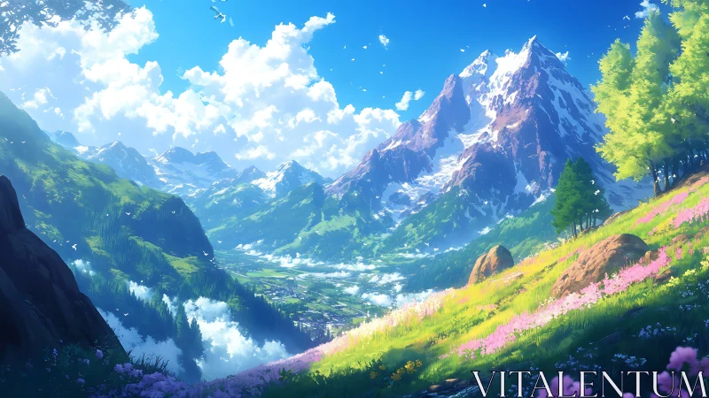 Sunlit alpine meadow meets towering snowcapped peaks.