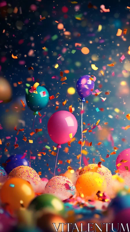 Volumetric Particle Explosion with Iridescent Balloons and Bokeh Depth.