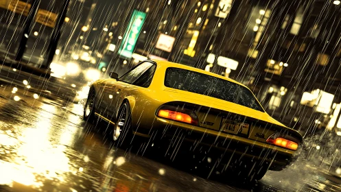 Yellow sports coupe drives on wet city street at night