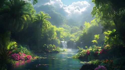 Lush tropical river valley with waterfalls and bright flowers.