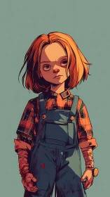 Brooding child in bloodstained overalls under flat light.