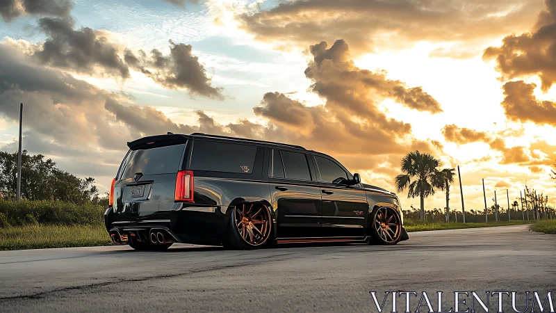 Lowered black luxury SUV with bronze wheels at dramatic sunset