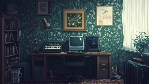 Vintage computer workstation anchors a retro floral home office