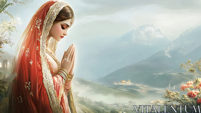 Devotional woman in red sari before misty mountain temple.