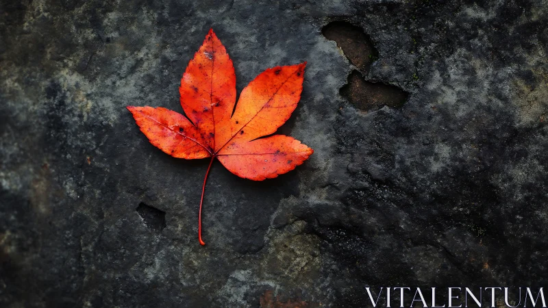 Red autumn leaf on dark rock background in close view.