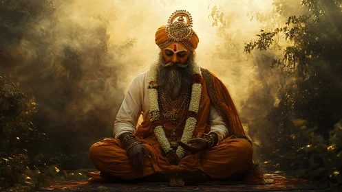 Mystical sage in golden forest haze, meditative radiance.