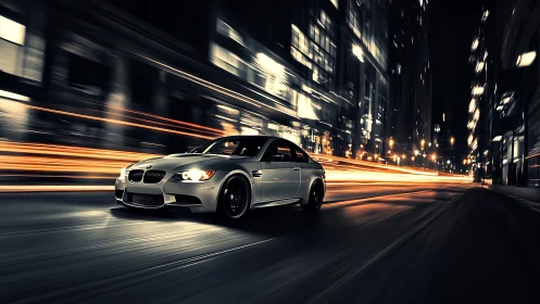Silver sports coupe accelerates through neon-lit urban corridor