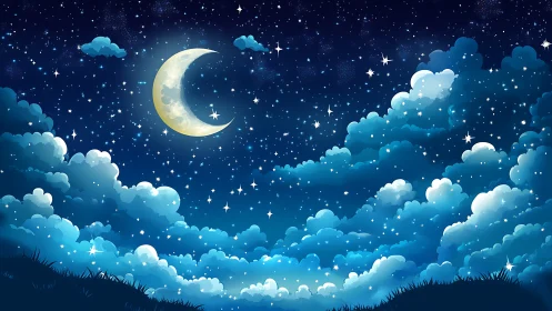 Cozy crescent moon drifting above sparkling night clouds.