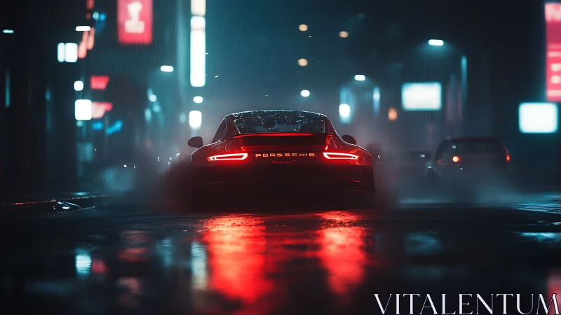 Midnight Porsche ignites neon rain on cinematic city streets.