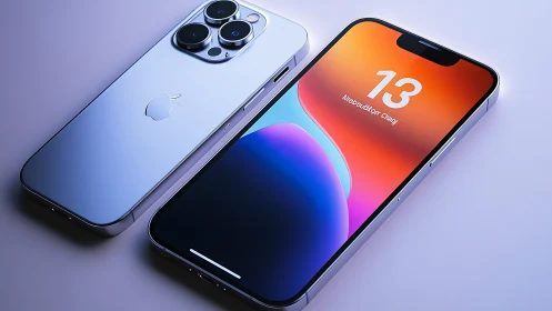 iPhone 13 Pro Max Blue Showcase Against Vivid Wallpaper Display