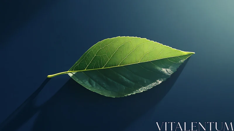 Single green leaf under strong directional studio light.