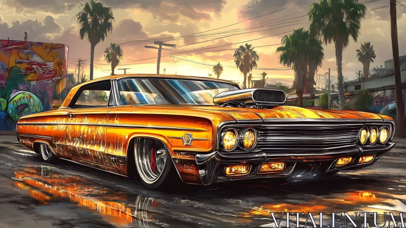 Chrome thunder lowrider cruising a neon-slick city sunset.