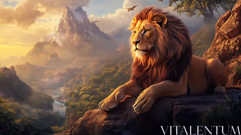 Majestic mountain lion resting in warm golden sunrise light.