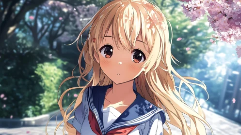 Shy blonde schoolgirl under drifting cherry blossoms outside.