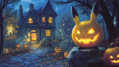 Halloween house with glowing character jack-o-lanterns at night