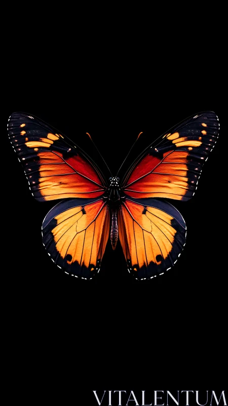 Midnight monarch glow, a fiery butterfly in velvet dark.