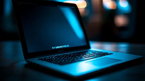 Cool laptop glows softly in blue light on a calm desk