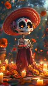 Digital painting of D&iacute;a de Muertos calavera altar vignette.