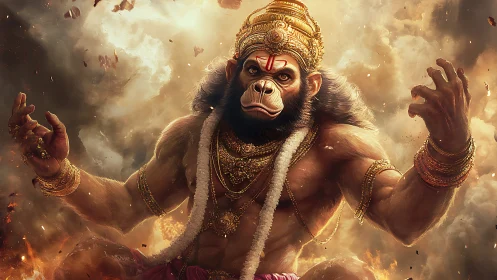 Digital painting of heroic Hanuman in dynamic cloudburst aura.