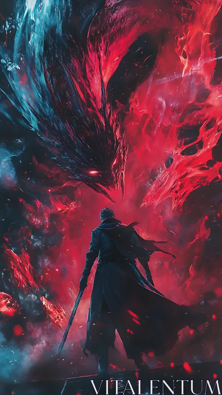 Lone figure stands before abstract red and blue energy vortex