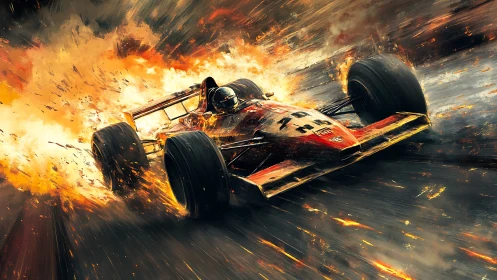 Blazing race car surging through fire and speed-soaked sparks.