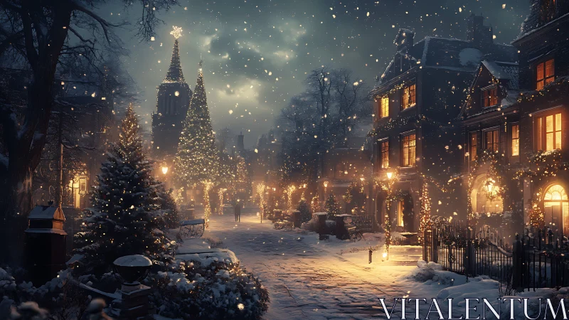 Nocturnal winter streetscape with luminous festive volumetrics.