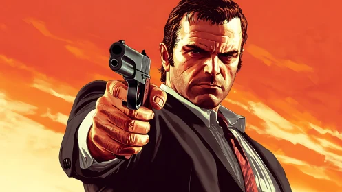 Perspective-foreshortened gunman rendered in stylized digital painting