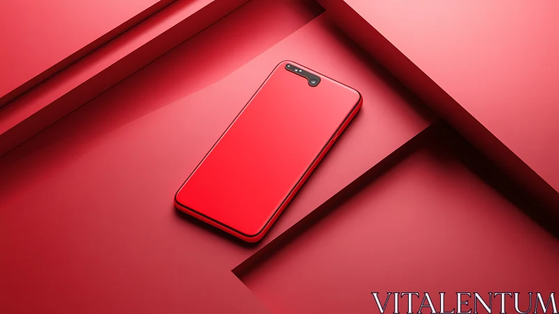 Bold red smartphone resting in a sleek modern setting.