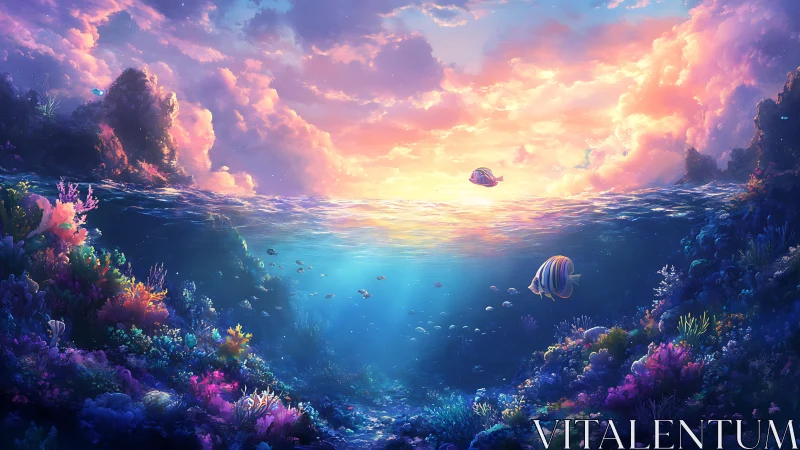 Sunlit coral dreamscape where sea and sky softly meet.