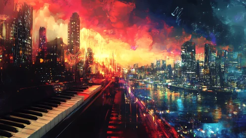 City river skyline with piano at vivid sunset glow.