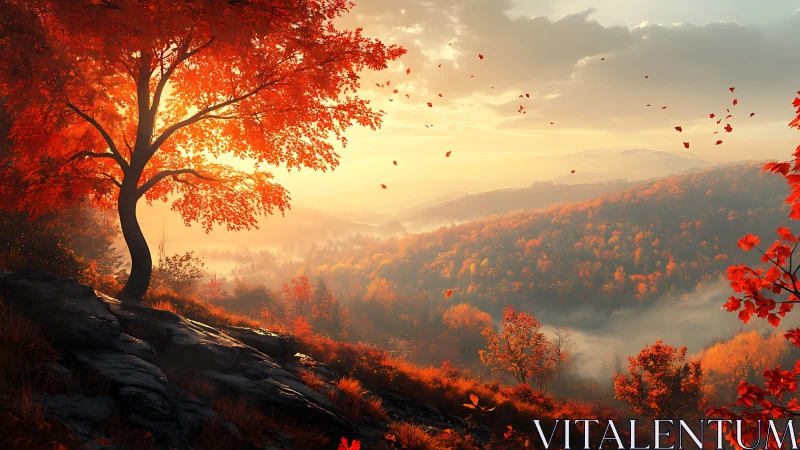 Golden autumn sunrise bathes a peaceful valley in warm light