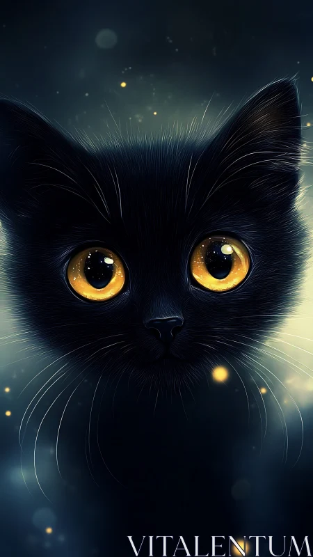 Black Cat with Golden Eyes in Magical Dark Setting.