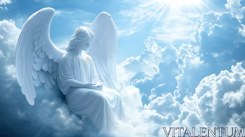 Serene angel in radiant clouds contemplates heavenly light.