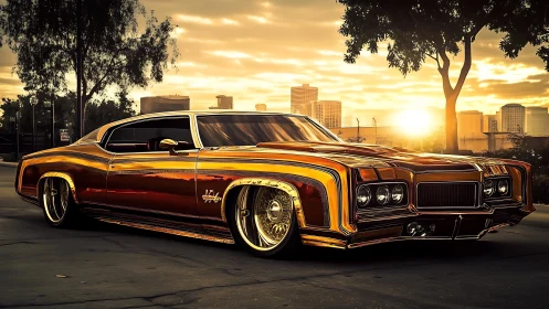 Custom lowrider car on city street at sunset with chrome.