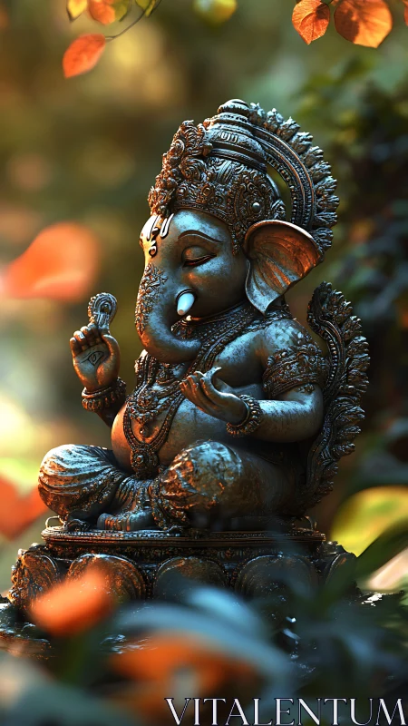 Forest-lit Ganesha idol glows with tranquil bronze radiance.