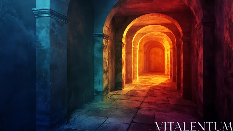 Luminous arched corridor bathed in warm and cool light.
