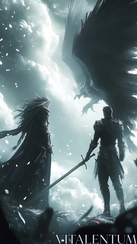 Dark fantasy warriors confront skyborn dragon in stormlit void.