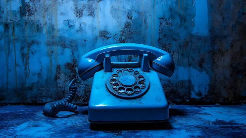 Rotary telephone under moody blue light on decayed wall