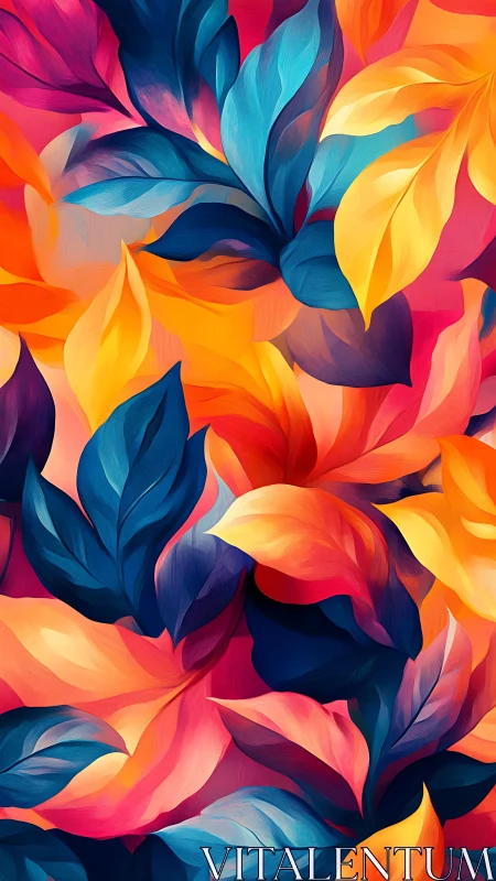 Multicolored abstract leaf pattern in layered composition.