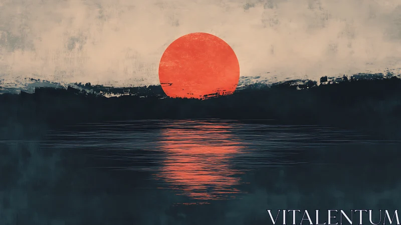 Bold red sun settles over calm water in a tranquil dusk