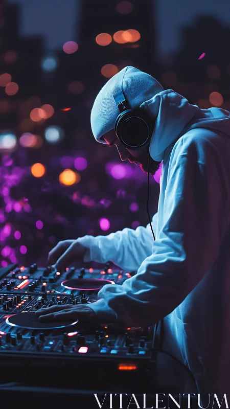 Midnight city beats bloom as a hooded DJ sculpts neon sound