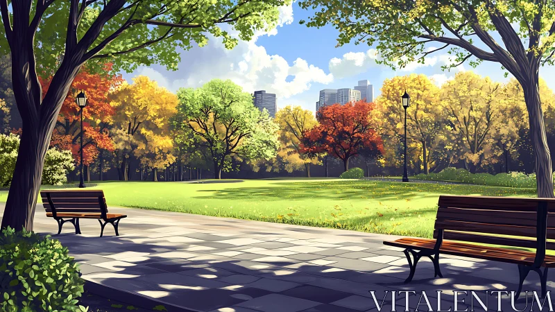 Sunlit city park with empty benches and fall trees.