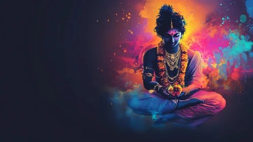 Digital rendering shows seated figure amid neon color field