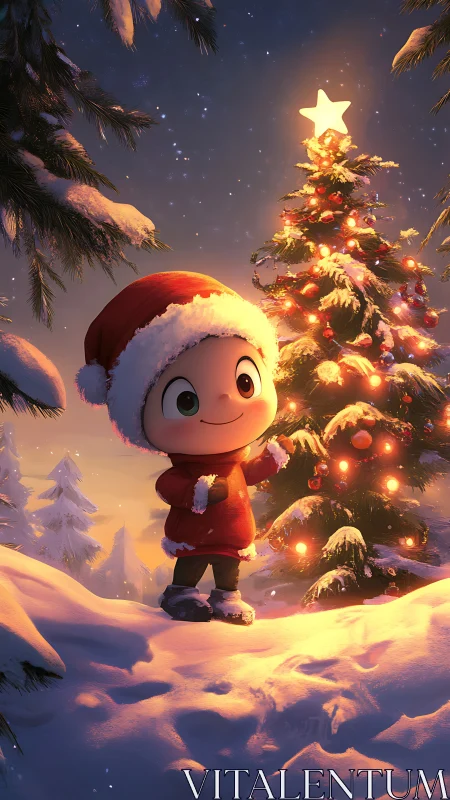 Snowy cartoon child beside glowing Christmas tree at dusk