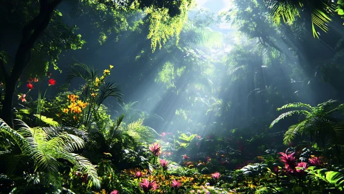 Dense tropical forest with sunlight filtering through canopy.