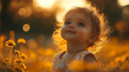 Toddler in golden hour field of daisies with upward gaze
