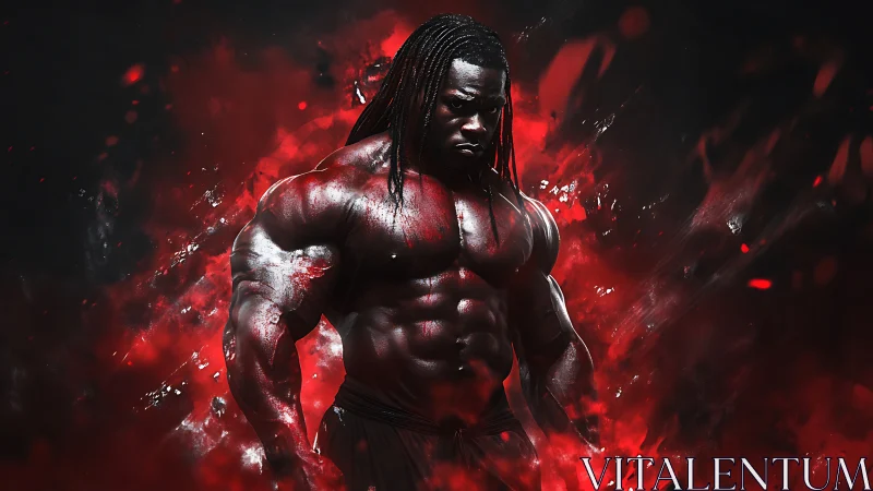 Hyperdefined muscular figure rendered in high-contrast red aura